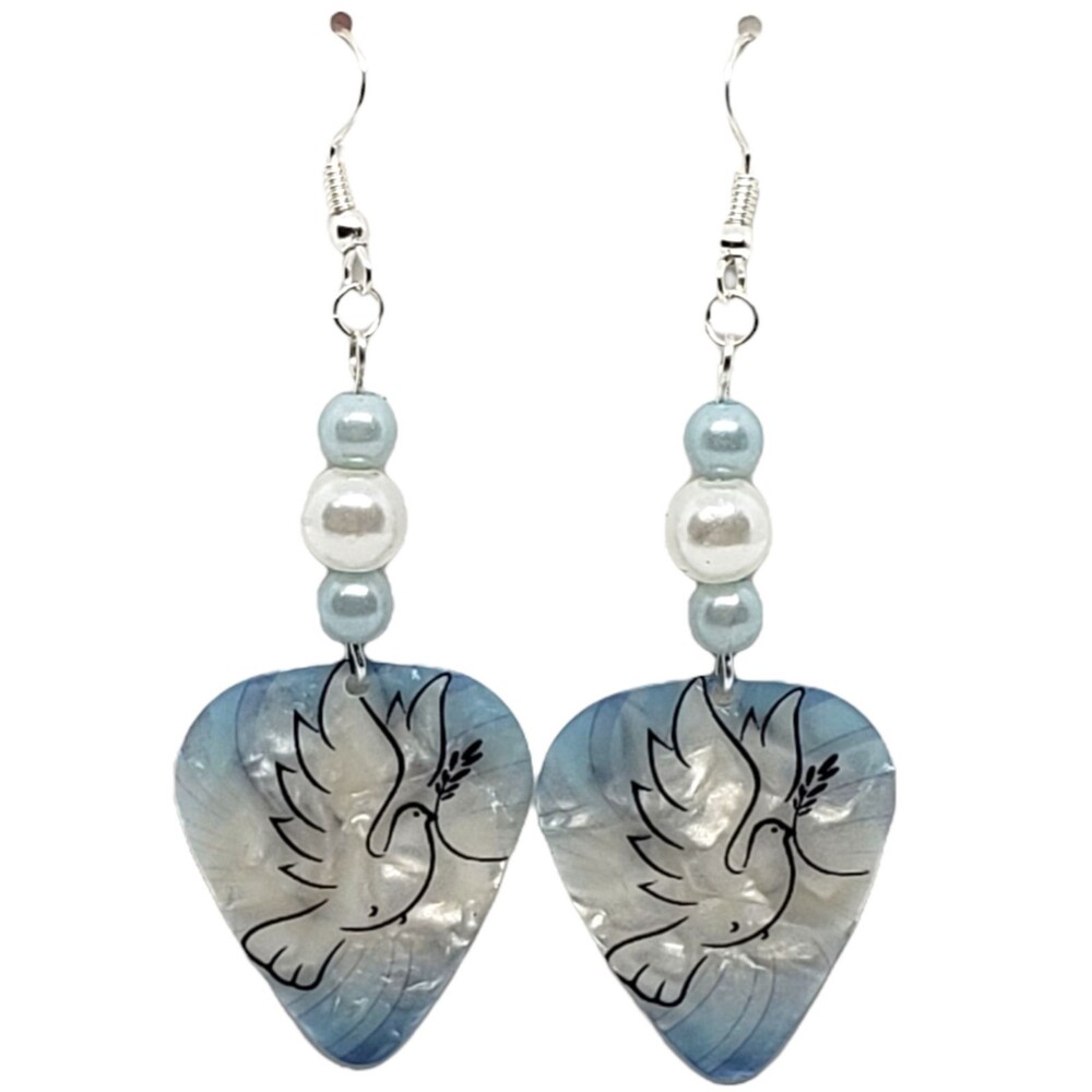 NEW! White Peace Dove on Religious Guitar Pick Beaded Earrings - Handmade in USA